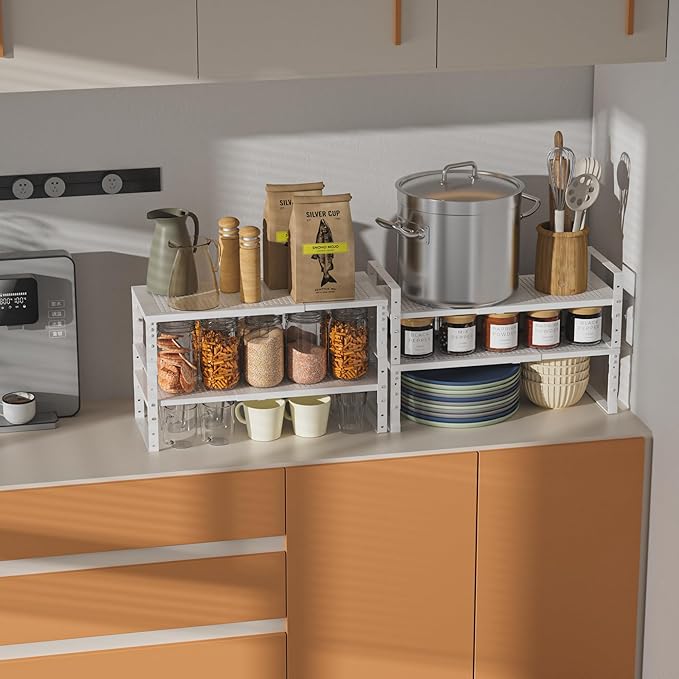 Expandable,Adjustable & Stackable Spice Rack, Cabinet Kitchen Countertop Shelf Organizer,Metal Pantry Storage Shelves - Space-Saving Storage Solution(2Packs/White/Medium)