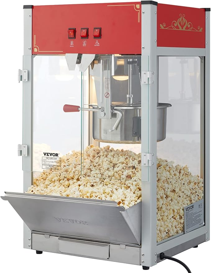 VEVOR Commercial Popcorn Machine, 12 Oz Kettle, 1440 W Countertop Popcorn Maker for 80 Cups per Batch, Theater Style Popper with 3-Switch Control Steel Frame Tempered Glass Doors 1 Scoop 2 Spoons, Red