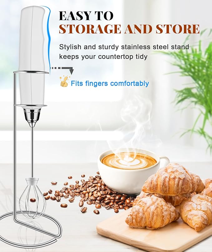 YUSWKO Milk Frother Handheld for Coffee with Stand, Rechargeable Drink Mixer with 3 Heads 3 Speeds Electric Coffee Frother Whisk, Gift for Many Occasions and Festival