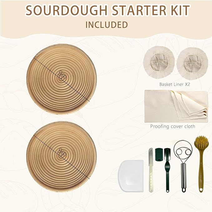Natural Unbleached Banneton, Sourdough Bread Proofing Basket Kit, 2x 9 Inch Round Basket with BreadMaking Baking Supplies Tools, Banneton Basket Gift Set - Primary Color