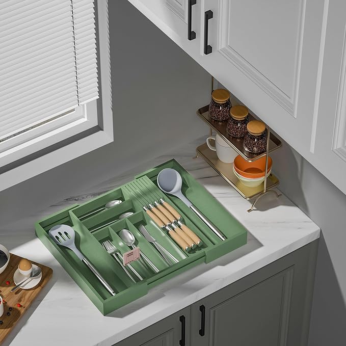 Bamboo-Silverware-Drawer-Organizer-Kitchen, Expandable Utensil Holder Cutlery Tray Flatware Organization Adjustable Wood Tableware Dividers Storage (with Removable Knife Block)(Grayish Green)