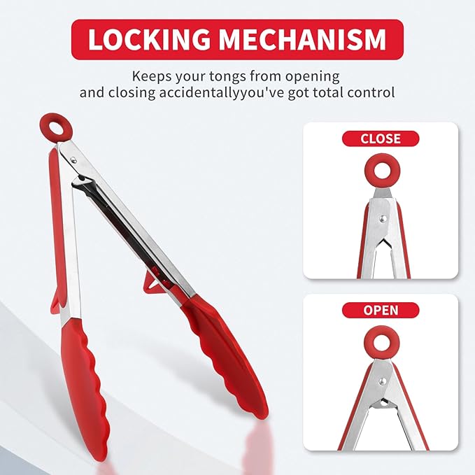 Kitchen Tongs,Set Of 3 Tongs with Silicone Tip for Cooking 9/12 Inch Stainless Steel Kitchen Tong for Meat,Food Grill,Salad,BBQ,Frying,Serving,Dishwasher (Red, 12 Inch)