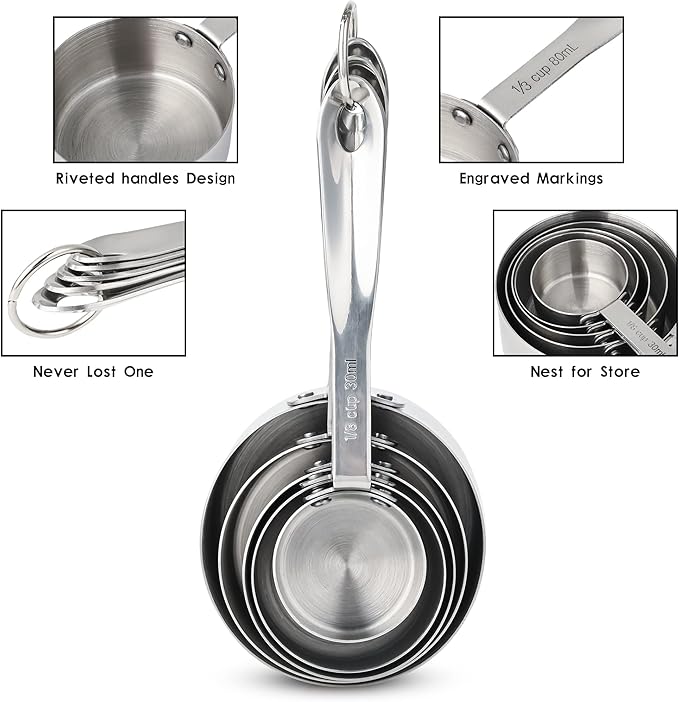 Stainless Steel Measuring Cups and Spoons Set of 12, 5 Dry Measuring Cups and 6 Measuring Spoons With Leveler for Kitchen