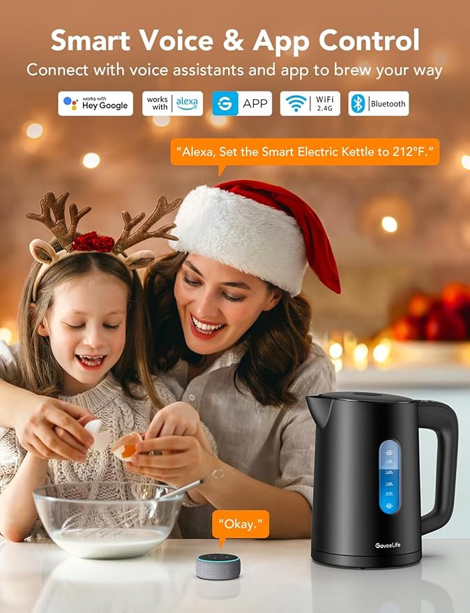GoveeLife Smart Kettle Temperature Control 1.7L, 1500w WiFi Tea Kettle Electric with LED Indicator Lights, Remotely Control, 2H Keep Warm, 4 Presets Hot Water Boiler for Tea & Coffee & DIY