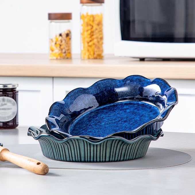 vancasso Stern Ceramic Pie Pan for Baking, 9 inch Pie Plates for Apple Pie and Quiche, Deep Pie Dish, Large Pot Pies, Thanksgiving Gifts for Women -Blue