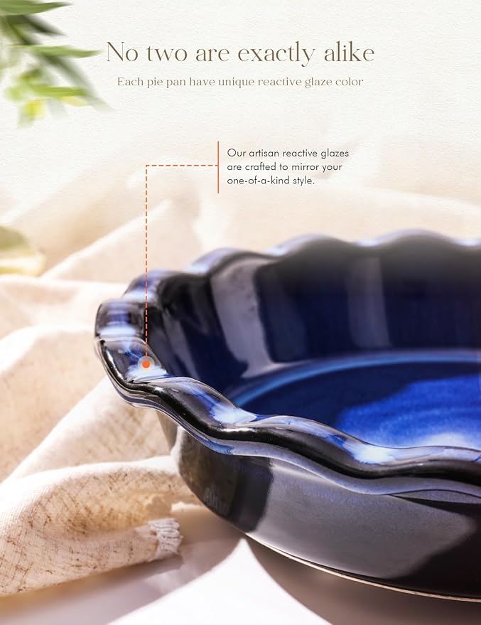 AISBUGUR Pie Pan for Baking 9 Inch Ceramic Pie Dish Quiche Baking Dish Non-Stick Dishwasher & Oven Safe (Reactive Glaze Blue)