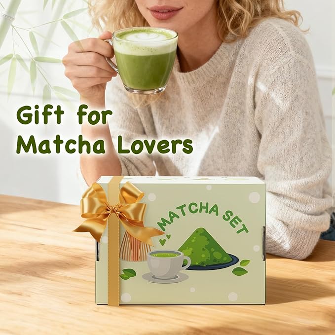 OUTXE Matcha Whisk Set, 7 PCS Matcha Kit for Ceremony, with Clear Matcha Bowl, Spout, Bamboo Whisk& Holder, Stainless Steel Sifter, Japanese Ceremonial Gift for Family/Friend/Macha Lover Starter