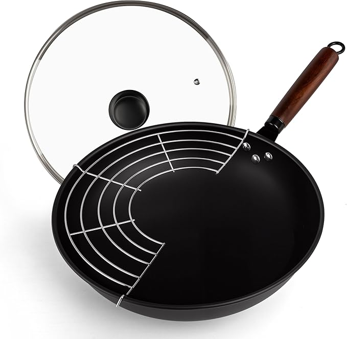 Carbon Steel Wok, 13-Inch Chinese Round Bottom Wok with lid, Woks & Stir-Fry Pans Nonstick for Induction, Electric, Gas Stoves