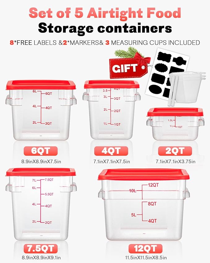 2QT&4QT NSF Food Storage Containers: 8 PCS[Food Grade] [Hot&Cold Resistant] Commercial Clear Square Food Storage Containers with Scales Handles for Home Restaurant Kitchen(BPA FREE)