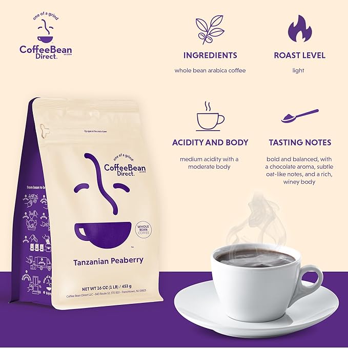 Coffee Bean Direct Tanzanian Peaberry, Whole Bean Coffee, Light Roast, 1 Pound Bag (Pack of 1)