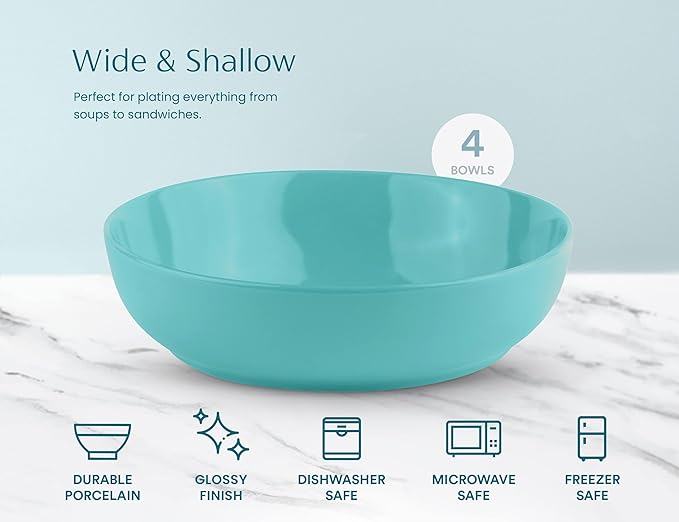 KooK Pasta Bowl, Salad Bowls, Soup, Serving Bowls, Ceramic, Large Capacity, Microwave & Dishwasher Safe, Set of 4, 40 Oz,(Light Turquoise)