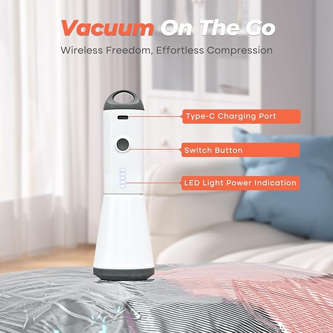 Vacuum Seal Bags for Clothing with Rechargeable Cordless Pump, 18 Pack Vacuum Storage Space Saver Bags, Compression Packing Seasonal Storage for Clothes Bedding Blanket Pillows Comforters