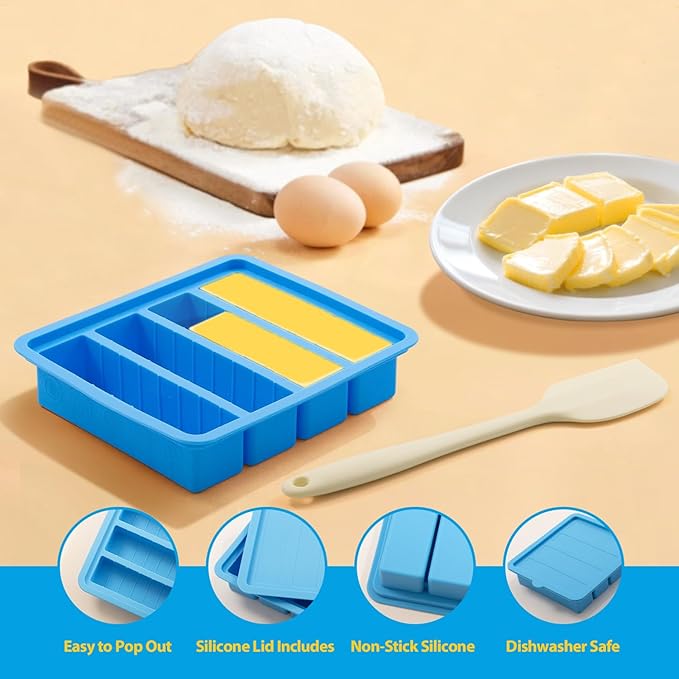 Silicone Butter Mold with Lid & Spatula, Non-Stick Butter Maker Tray and Container for Homemade Butter Storage, Baking, Freezing