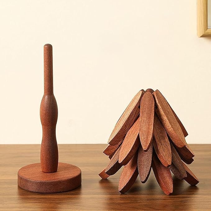 Natural Wood Tree Trivet Set, 𝐍atural Tree Trivet Set - 4 Wooden Trivets,4 Wooden 𝐓rivets & 1 Stand Like a Christmas Trees,for Hot Dish,Pot,Bowl,Teapot,Hot Pot Sets (Walnut Finish 4 Trivets,3set)