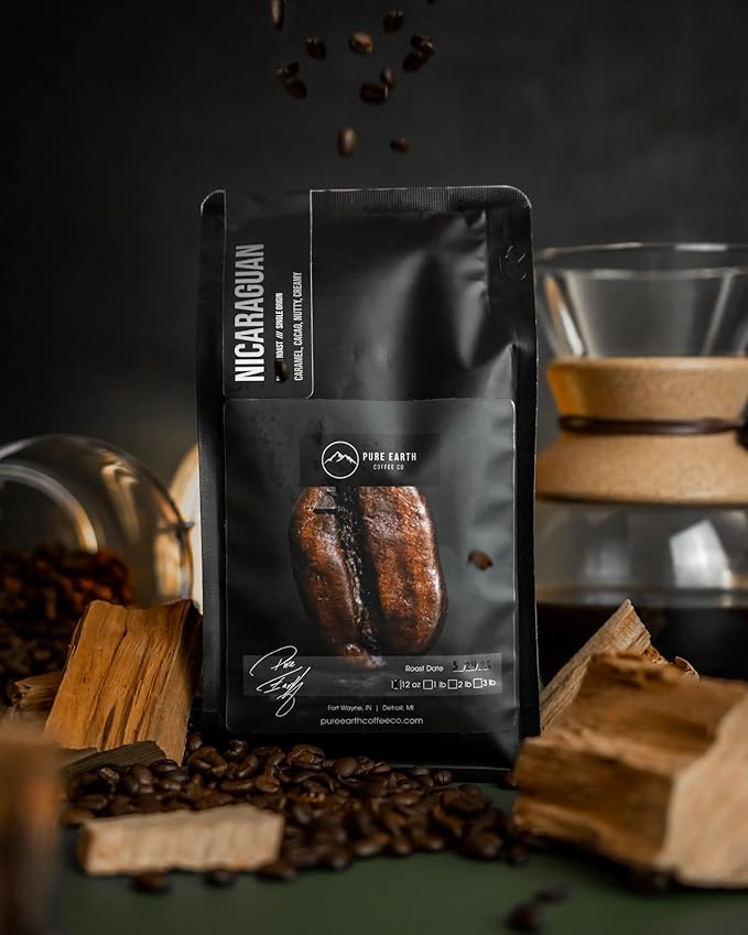 PURE EARTH COFFEE CO. Whole Bean Coffee, Nicaragua Single-Origin Beans, Medium Roast, Low Acid Gourmet Specialty Grade Coffee, Caramel, Chocolate, Nutty Flavor Notes 12oz