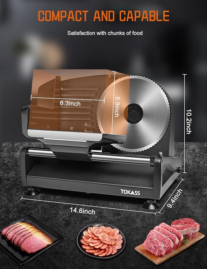 Meat Slicer, 200W Electric Food Slicer with 2 Removable 7.5" Stainless Steel Blades and Stainless Steel Tray, Child Lock Protection, Adjustable Thickness, Food Slicer Machine for Meat Cheese Bread