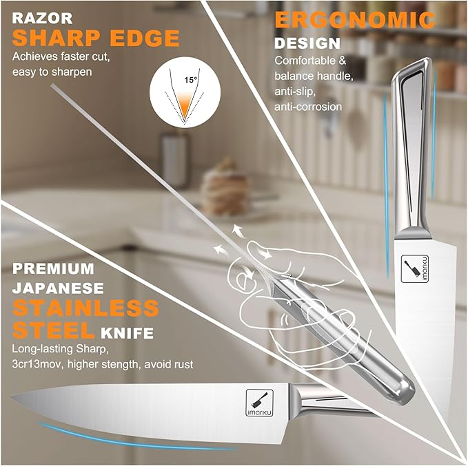 Knife Sets for Kitchen with Block imarku G14 Japanese Knife Set Stainless Steel Kitchen 14pcs, Built-in Sharpener, Sharp Knives with Non-slip Ergonomic Handle - Dishwasher Safe, Home Essential Gifts