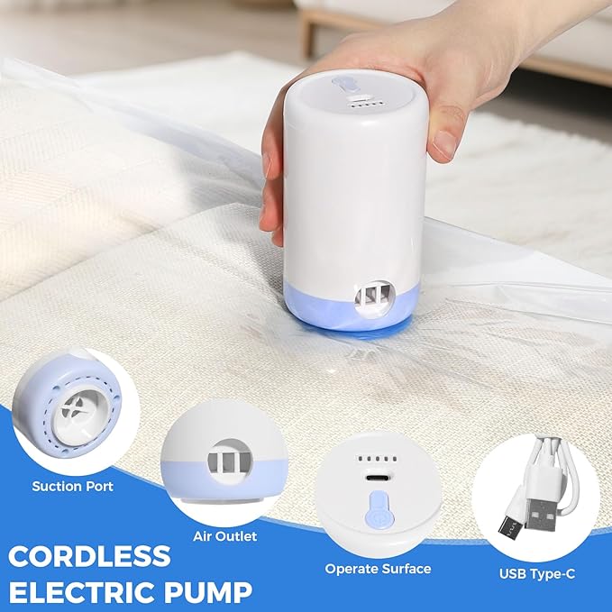 10 Pack Travel Vacuum Storage Bags with USB Electric Pump, Combo Space Saver Vacuum Seal Bags for Clothing Travel Vaccine Sealed Storage Bag for Blankets Clothes Comforters Luggage, Clear
