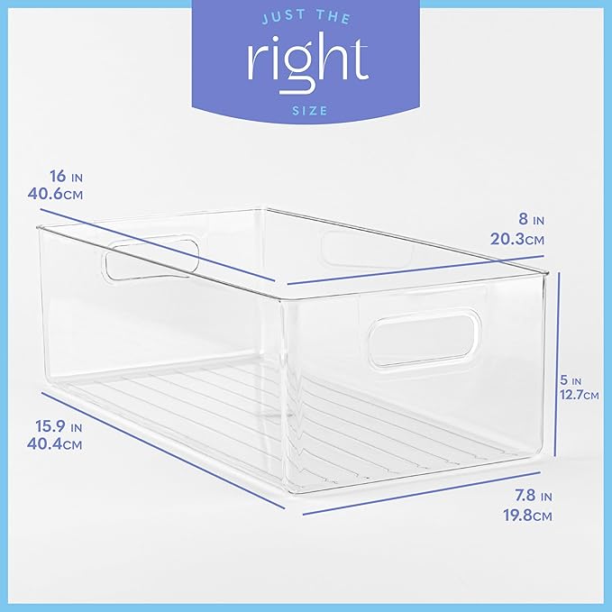 Plastic Food Storage 2 Pack Clear Container Bin with Handles for Organizing Kitchen, Pantry, Refrigerator, Freezer, Pantry, Cabinet, Closet, Bathroom. 16”x8”x5”