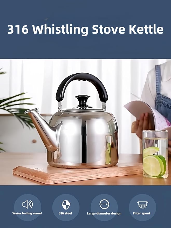 Whistling Stovetop Tea Kettle,Food Grade 316 Stainless Steel,Hot Water Fast to Boil,Stovetop Kettle with Ergonomic Handle,3.1 Quart Capacity