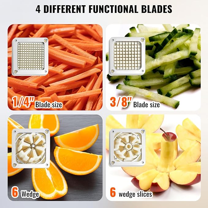 VEVOR Commercial French Fry Cutter with 4 Replacement Blades, 1/4" and 3/8" Blade Easy Dicer Chopper, 6-wedge Slicer and 6-wedge Apple Corer, Lemon Potato Cutter for French Fries with Extended Handle
