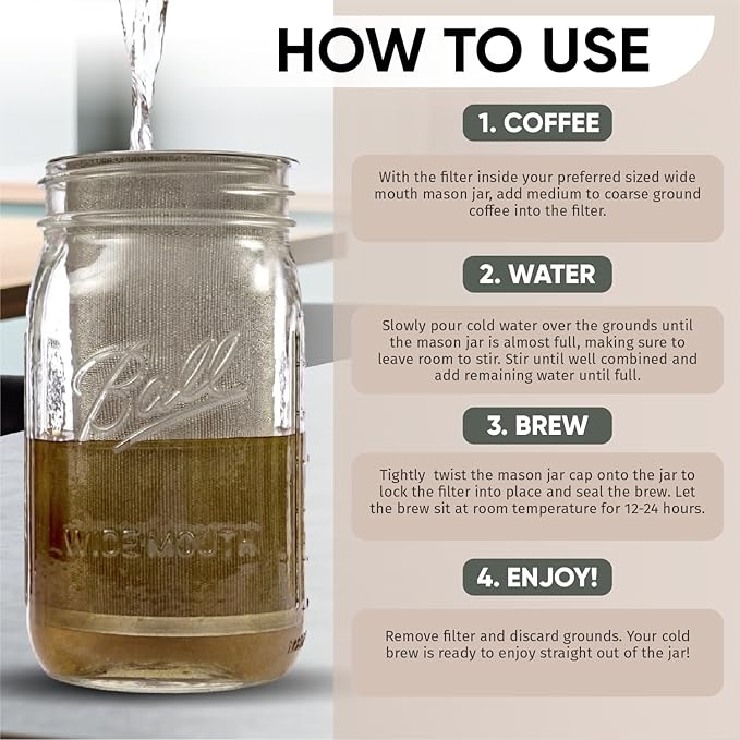Altura The TUBE Cold Brew Coffee Maker and Tea Infuser for Wide Mouth Mason Jars - Stainless Steel Cold Brew Filter Strainer for Iced Coffee, Fruit Water & More - (32oz/1qt)