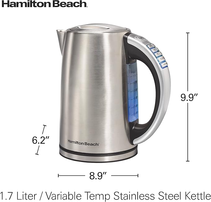 Hamilton Beach 1.7 Liter Temperature Control Electric Kettle, Water Boiler & Heater, Fast Boiling 1500 Watts, BPA Free, Cordless, Auto-Shutoff and Boil-Dry Protection, Stainless Steel (41020R)