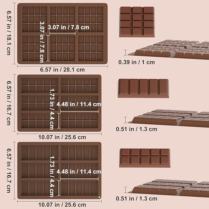 3Pcs Chocolate Bar Molds Deep, Dubai Chocoate Molds Silicone for Stuffed Bar, Rectangle Knafeh Pistachio Thick Chocolate Bar Break Apart Candy Bar Mold