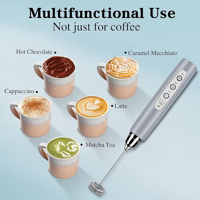 Milk Frother Handheld for Coffee, Electric Whisk 3 Speed Adjustable, Drink Mixer with Stainless 3 Whisks, Rechargeable Hand Frother Wand, for Latte Cappuccino Hot Chocolate Egg Cement Gray