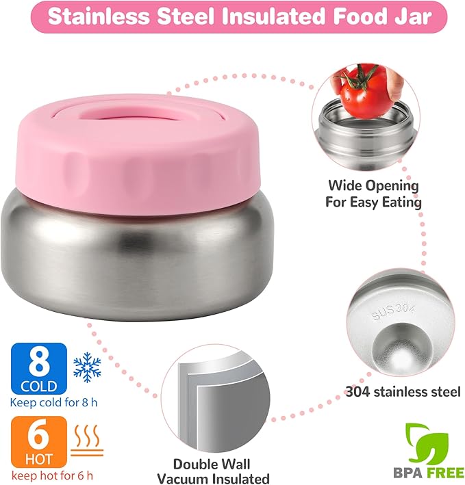 Bento Lunch Box with 9.5 oz Soup Thermo, Kids Leakproof 4 Compartments Bento Box with Silicone Cupcake,Fruit Fork,Spoon and Sauce Cup,Insulated Food Jar for School Travel-Pink