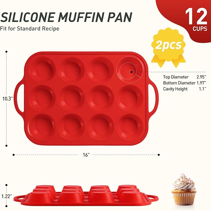2 Packs 12 Cups Silicone Muffin Pan with Metal Reinforced Frame Regular Size Cupcake Pan Tray Silicone Molds Muffin Tin Tart Pans Moldes Para Gelatinas De Figuras Grandes Individuales Hornear Pasteles