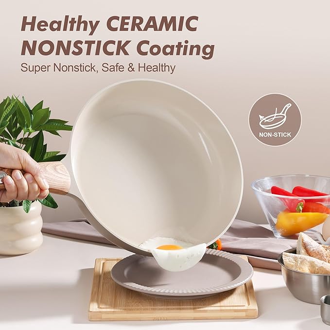 SENSARTE Ceramic Nonstick Frying Pan Skillet with Lid 8inch Non Stick Pan Omelet Pans, Non-toxic Healthy Kitchen Cooking Chef's Pan, Free of Intentionally Added PFAS/PTFE, Induction Compatible, Taupe