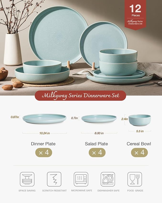 Famiware Milkyway Plates and Bowls Sets, 12 Pieces Dinnerware Sets, Reactive Glaze Dish Set, Stoneware Dishes Set for 4, Light Blue