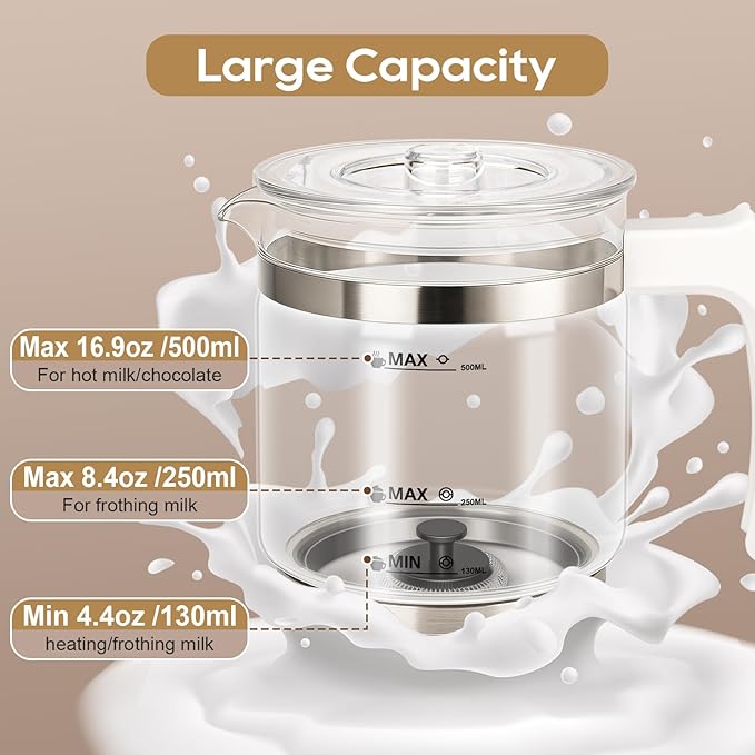 Milk Frother, 16.9 OZ Milk Frother and Steamer, 4 in 1 Electric Milk Frother Dishwasher Safe, Durable Silent Working Frother for Coffee, Hot and Cold Foam Maker, White Glass