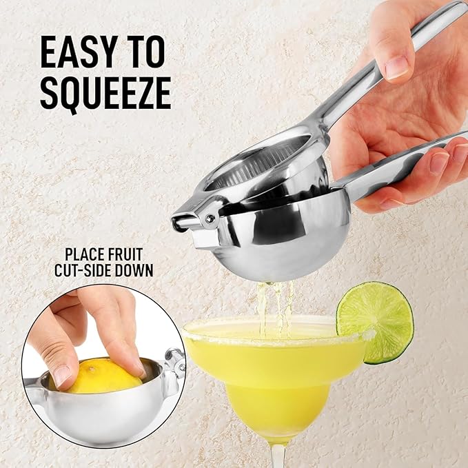 Zulay Kitchen Lemon Squeezer Stainless Steel with Premium Quality Heavy Duty Solid Metal Squeezer Bowl - Large Manual Citrus Press Juicer and Lime Squeezer Stainless Steel - Silver