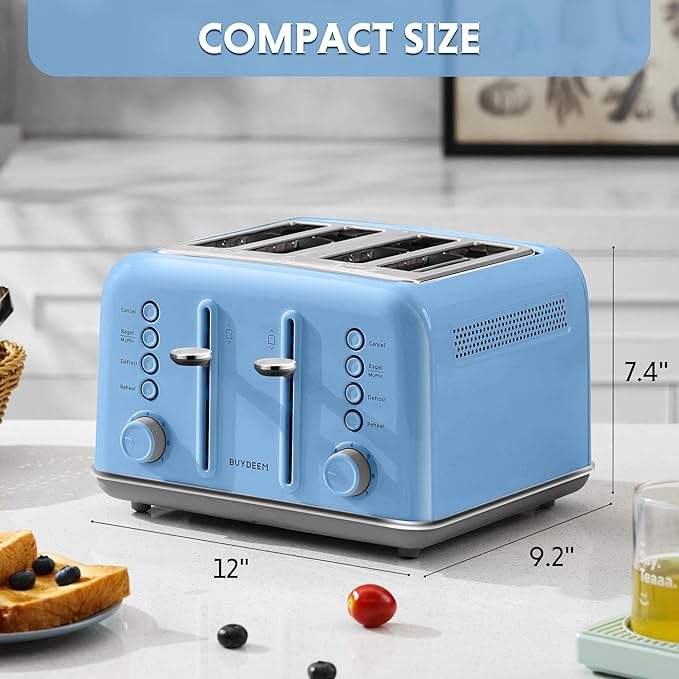 BUYDEEM DT640 4-Slice Toaster, Extra Wide Slots, Retro Stainless Steel with High Lift Lever, Bagel and Muffin Function, Removal Crumb Tray, 7-Shade Settings,Blue