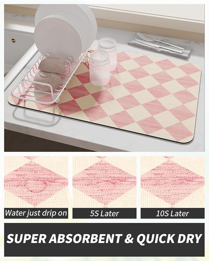 AMOAMI Coffee Mat Hide Stain Rubber Backed Absorbent Dish Drying Mat for Kitchen Counter - Fits Under Coffee Maker or Machine - PINK 12X19