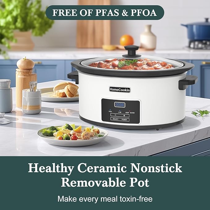 6-Quart Programmable Slow Cooker with Timer Keep Warm - Small Kitchen Appliance for Family Dinners - Serves 6+ People - Heat Settings: Keep Warm(White, Black Liner)