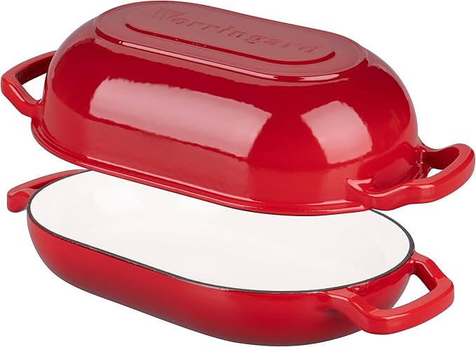 Enameled Cast Iron Sourdough Bread Oven, Dutch Oven, Loaf Cast Iron Bread Pan for Homemade Bread Baking, Meatloaf Pan with Lid, 5QT, Red