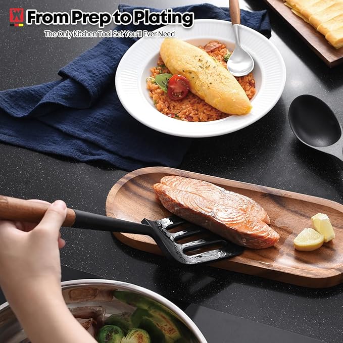 Silicone Head cooking & Serving Spoon + Slotted Spatula Set: Cookling Utensil with Long Wooden Handles, Heat Resistant Cookware, Protects Surfaces with Gentle Head Design
