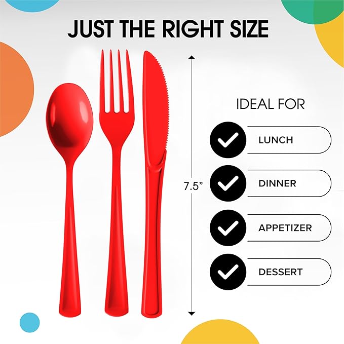 Party Solids Red Plastic Silverware Heavy Duty 300 Pieces Red Plastic Cutlery Sets, Utensil Sets, 100 Of Each Forks, Knives & Spoons Disposable Cutlery Set, Flatware Set For Party Supplies
