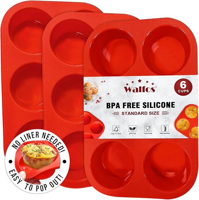 Walfos Silicone Muffin Pan - 6 Cup Non-Stick Cupcake Pan for Baking, Food Grade and BPA Free, Perfect for Egg Muffin, Cupcake, Quiches and Frittatas (3 Pack)