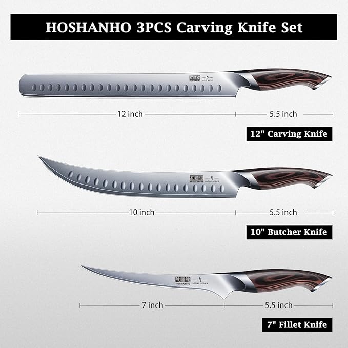 HOSHANHO Carving Knife Set 3PCS, Japanese High Carbon Steel Brisket Slicing Knife Sets with Ergonomic Pakkawood Handle, Butcher Knife Breaking Knife Boning Knife for Meat Cutting