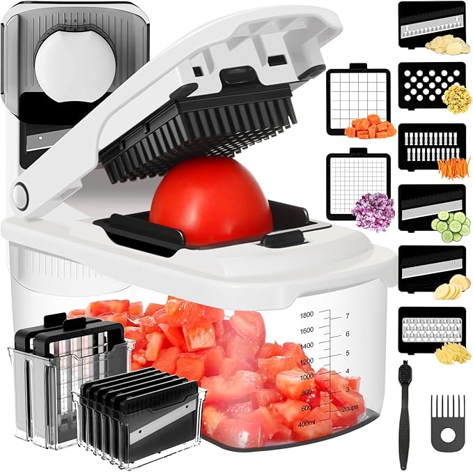 Ourokhome Food Chopper with Container, Manual Mandolin Vegetable Slicer Onion Dicer with 8 Blades, Hand Veggie Shredder for Potato, Tomato, Essential Kitchen Gadgets (8 in 1, White)