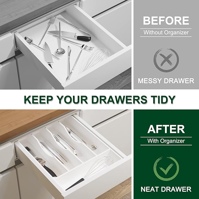 Bellsal White Utensil Organizer 10 Inch Silverware Tray for Drawer - 5 Compartment Small Narrow Bamboo