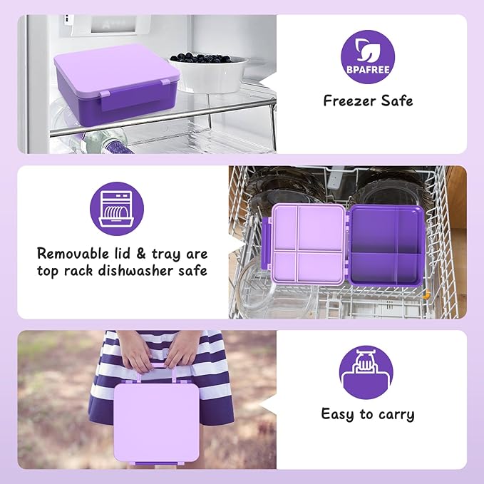 Bento Lunch Box with 8oz Soup Thermo, Leak-Proof Lunch Containers with 4 Compartment, Thermo Hot Food Jar and Insulated Lunch Box for School Purple
