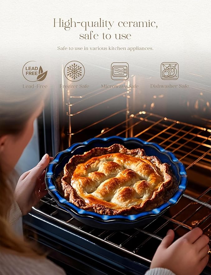 AISBUGUR Pie Pan for Baking 9 Inch Ceramic Pie Dish Quiche Baking Dish Non-Stick Dishwasher & Oven Safe (Reactive Glaze Blue)