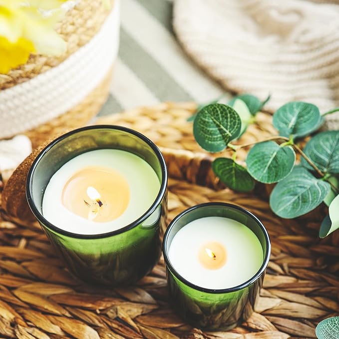 14 OZ Thick Candle Jars for Making Candles 12 Pcs, 3 Wick Empty Jars with Wood Lids for Candle Making, Sample Container,Clear Green