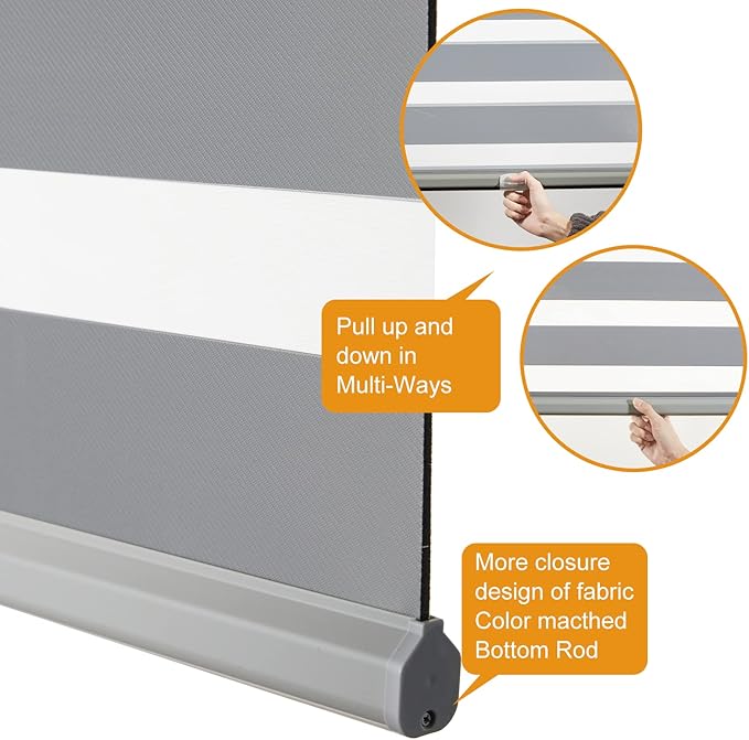 Persilux Cordless Zebra Blinds for Windows (45" W X 64" H, Grey) Free-Stop Dual Layer Roller Windows Shades for Day and Night, Light Filtering Sheer Shades for Home, Easy to Install