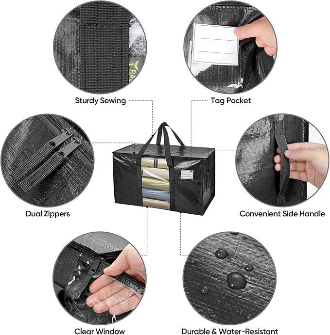 BALEINE 2-Pack Oversized Moving Bags with Reinforced Handles, Heavy-Duty Storage Tote Moving Supplies for Packaging, Camping (Black w/Window, 2-Pack)